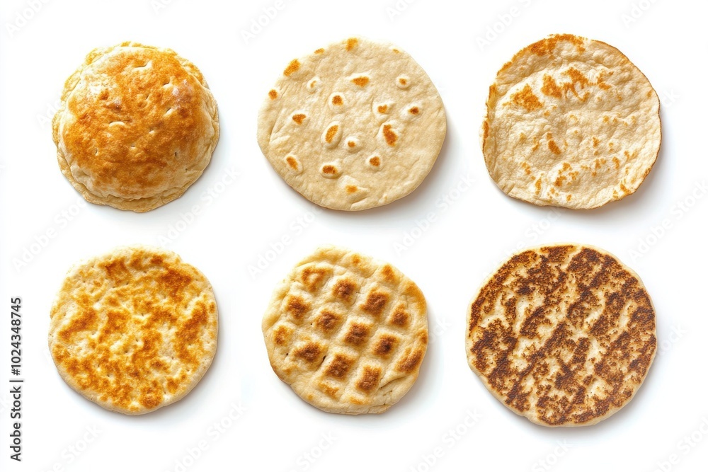 Collection of 4 bread bun slice set. English Muffin, Crumpet griddle, Pita Pitta Collection of 4 bread bun slice set. English Muffin, Crumpet griddle, Pita Pitta