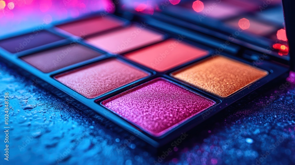 Close-up of an open eyeshadow palette with a variety of colors, reflecting blue and pink light. Close-up of an open eyeshadow palette with a variety of colors, reflecting blue and pink light.
