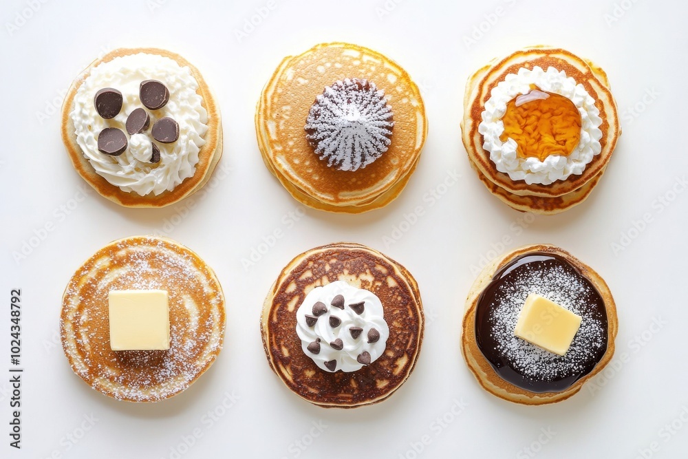 Collection of 6 pancake stack, top view flat lay, plain, honey chocolate maple syrup, Collection of 6 pancake stack, top view flat lay, plain, honey chocolate maple syrup,