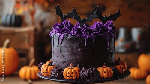 Halloween party cake with black and purple icing, bats flying over the top, and pumpkins surrounding the base for a spooky dessert table. photo