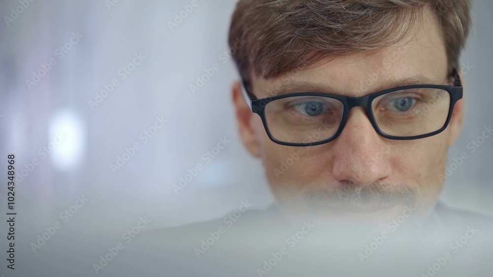 Businessman with glasses looking intently obscured partially by a translucent surface of laptop. Business people concept Businessman with glasses looking intently obscured partially by a translucent surface of laptop. Business people concept