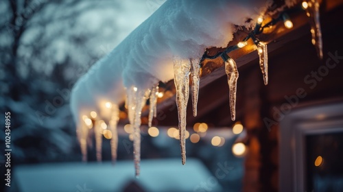 Close-up of a snow-covered roofline adorned with twinkling icicle lights. photo