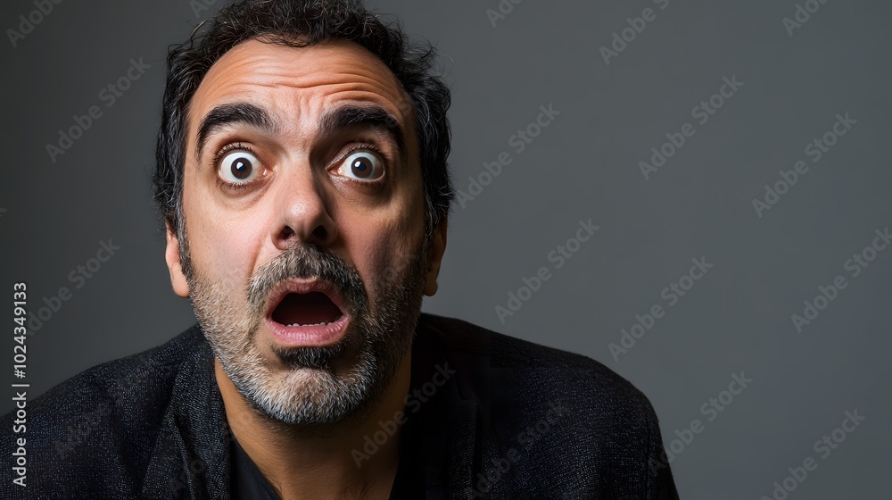 Obraz premium 27. A middle-aged man with a shocked expression, eyebrows raised and mouth open in disbelief, against a soft gray background.