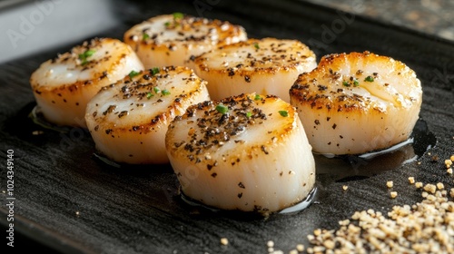 Perfectly seared scallops drizzled with a rich truffle sauce, arranged artfully on a black plate for a sophisticated gourmet presentation.