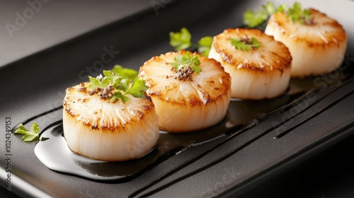 Perfectly seared scallops drizzled with a rich truffle sauce, arranged artfully on a black plate for a sophisticated gourmet presentation.