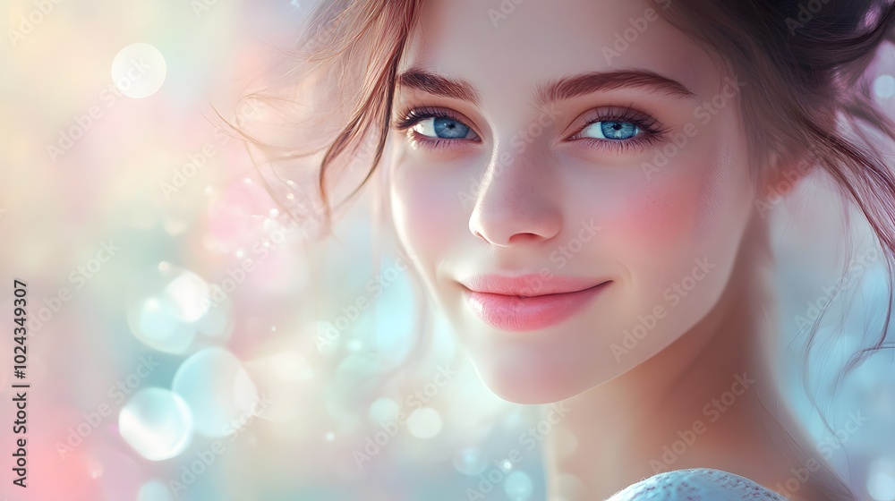 1. A young woman with a serene smile, eyes twinkling with happiness, against a soft pastel background. 1. A young woman with a serene smile, eyes twinkling with happiness, against a soft pastel background.