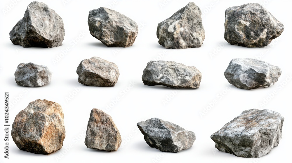 Collection set of big and long hard rock boulder stone on white background Collection set of big and long hard rock boulder stone on white background