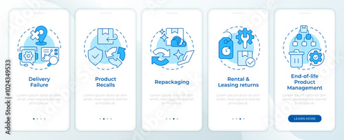 Reverse logistics types blue onboarding mobile app screen. Walkthrough 5 steps editable graphic instructions with linear concepts. UI, UX, GUI template. Montserrat SemiBold, Regular fonts used photo