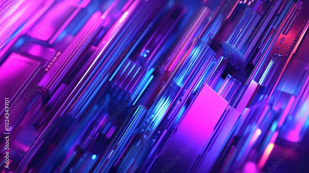 3D rendering of an abstract geometric background in purple and blue hues Cyberpunk theme Suitable for advertising technology banners cosmetic promotions showrooms and business applications Sci Fi 3D rendering of an abstract geometric background in purple and blue hues Cyberpunk theme Suitable for advertising technology banners cosmetic promotions showrooms and business applications Sci Fi