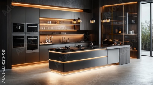 A sophisticated modern kitchen with a stylish island