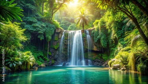 Symmetrical waterfall in jungle with clear pool surrounded by greenery