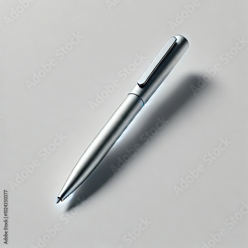 A refined silver pen resting on a clean surface, casting a subtle shadow. The sleek and minimalist design highlights elegance and functionality