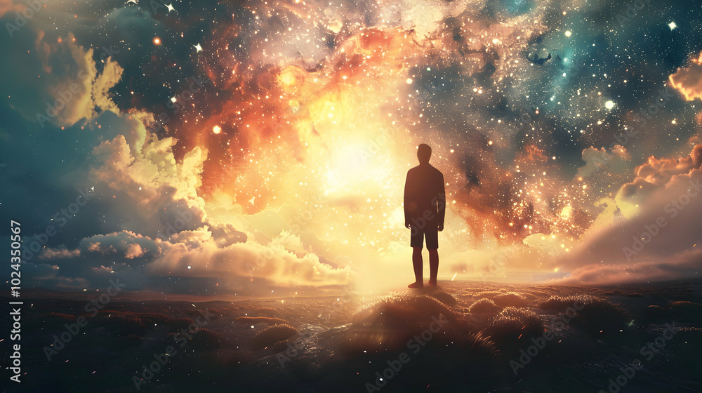 Vibrant Landscape with Man Walking Towards Distant Light
Vibrant Landscape with Man Walking Towards Distant Light