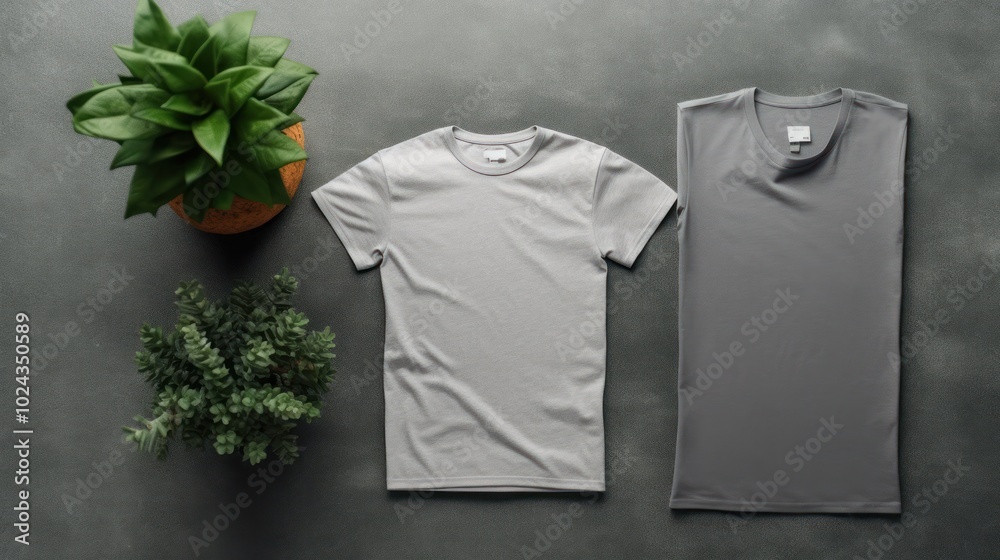Two Grey T-shirts on a Grey Background Two Grey T-shirts on a Grey Background