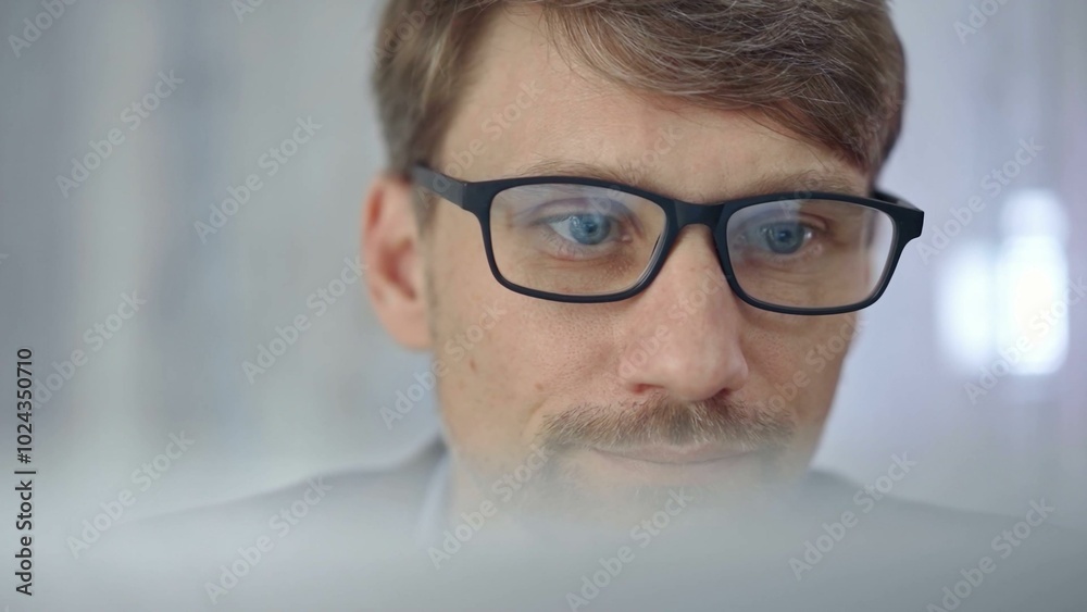 Businessman with glasses looking intently obscured partially by a translucent surface of laptop. Business people concept Businessman with glasses looking intently obscured partially by a translucent surface of laptop. Business people concept