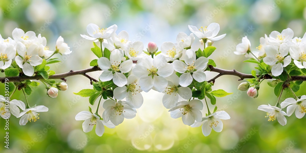 Obraz premium Symmetrical white flowers on branch of blossoming apple tree