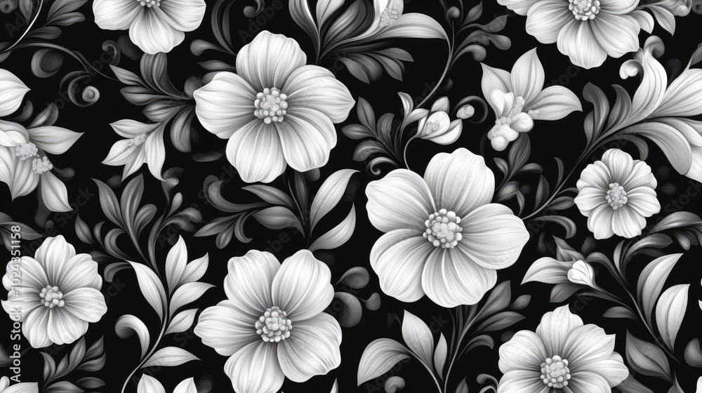 Black and white floral pattern design suitable for background wallpaper or tile applications Black and white floral pattern design suitable for background wallpaper or tile applications