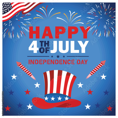 American Independence Day Celebration. American Uncle Sam hat and fireworks rocket on a blue background. Independence Day USA concept. Flat vector illustration.