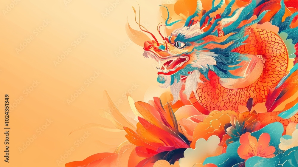 Vibrant Dragon Amidst a Floral Explosion Vibrant Dragon Amidst a Floral Explosion
