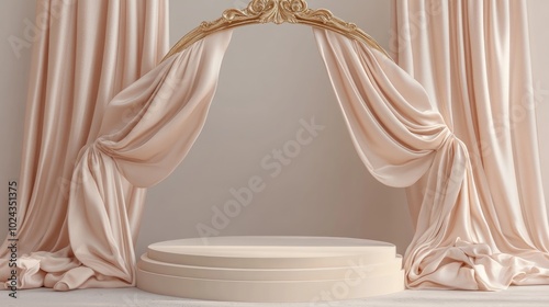 3D background featuring a beige podium for display mockup Flowing silk fabric Decorative gold arch frame suitable for beauty product and cosmetic presentations Elegant feminine setting with a pede photo