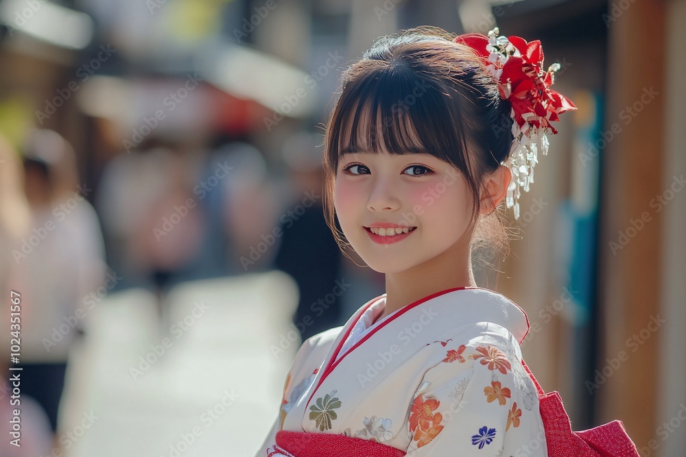 A young woman in a traditional kimono smiles charmingly in a brightly lit street, adorned with floral decorations in her hair. A young woman in a traditional kimono smiles charmingly in a brightly lit street, adorned with floral decorations in her hair.