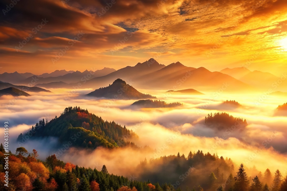 Fototapeta premium Surreal foggy mountain landscape with bright sky in warm colors