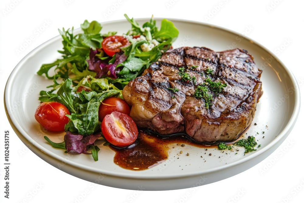 Delicious medium rare meat steak with sauce and salad on a plate. Healthy food made of meat fillet Delicious medium rare meat steak with sauce and salad on a plate. Healthy food made of meat fillet