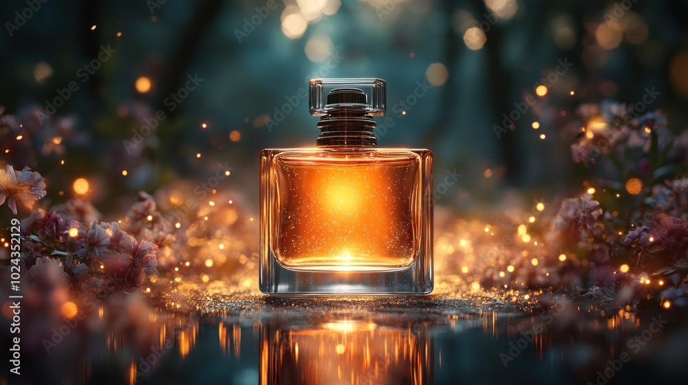 A glass bottle of perfume sits on a bed of pink flowers with glowing lights in a dark forest. A glass bottle of perfume sits on a bed of pink flowers with glowing lights in a dark forest.