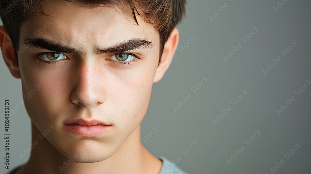 9. A young man displaying a look of determination, jaw set and eyes intense, against a soft gray background. 9. A young man displaying a look of determination, jaw set and eyes intense, against a soft gray background.