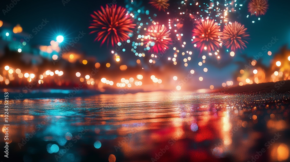 Obraz premium A beautiful beach with fireworks in the sky, party scene with brilliant hues. 2025 new year fireworks