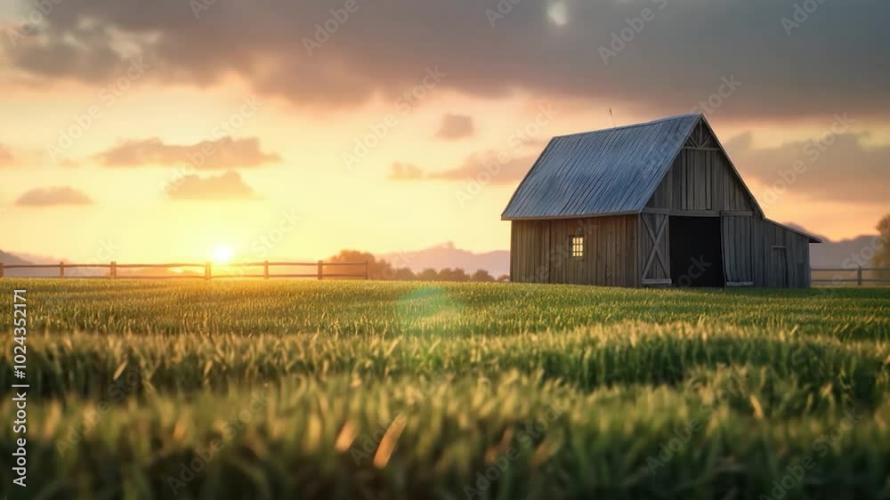 Rustic Barn at Sunset in Countryside with Lush Green Field and Dramatic Sky Rustic Barn at Sunset in Countryside with Lush Green Field and Dramatic Sky