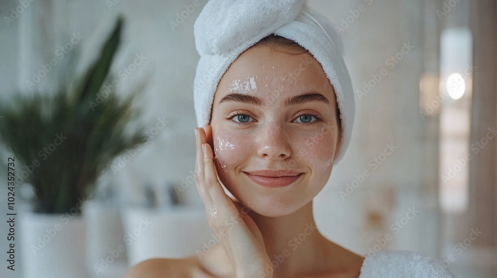 Spa Beauty Routine - European Woman Applying Brightening Facial Oil in Contemporary Bathroom Spa Beauty Routine - European Woman Applying Brightening Facial Oil in Contemporary Bathroom