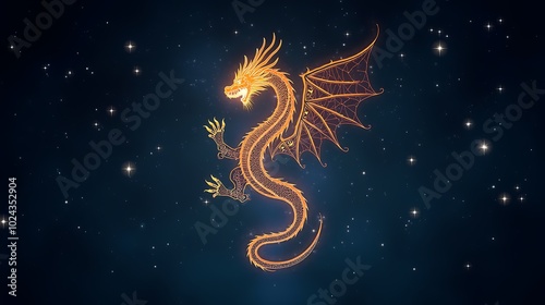 Glowing dragon illustration, fierce and majestic, flying through a starry night sky