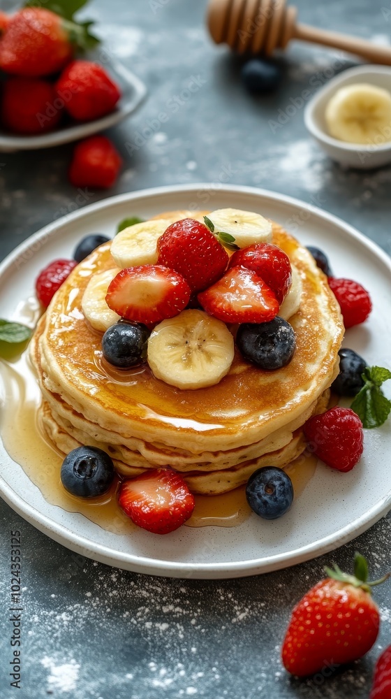 honey pancake on a white plate with fresh fruits topping honey pancake on a white plate with fresh fruits topping