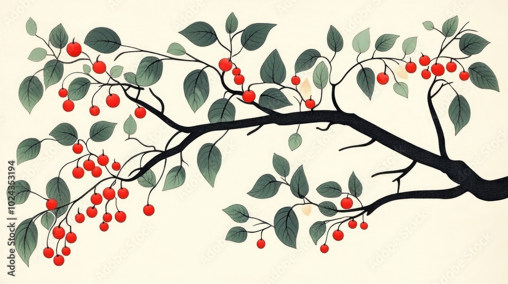 Branches with Red Small Fruits and Leaves Branches with Red Small Fruits and Leaves