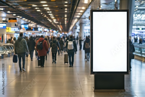 Blank billboard in busy airport terminal with travelers