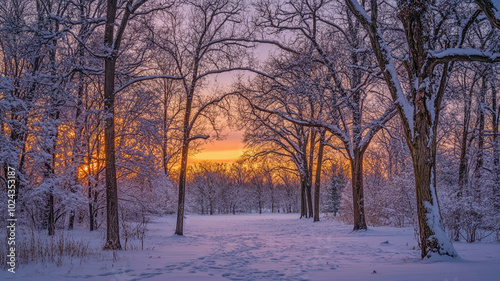 Winter solstice sunset illuminating snowy forest trails in a tranquil landscape