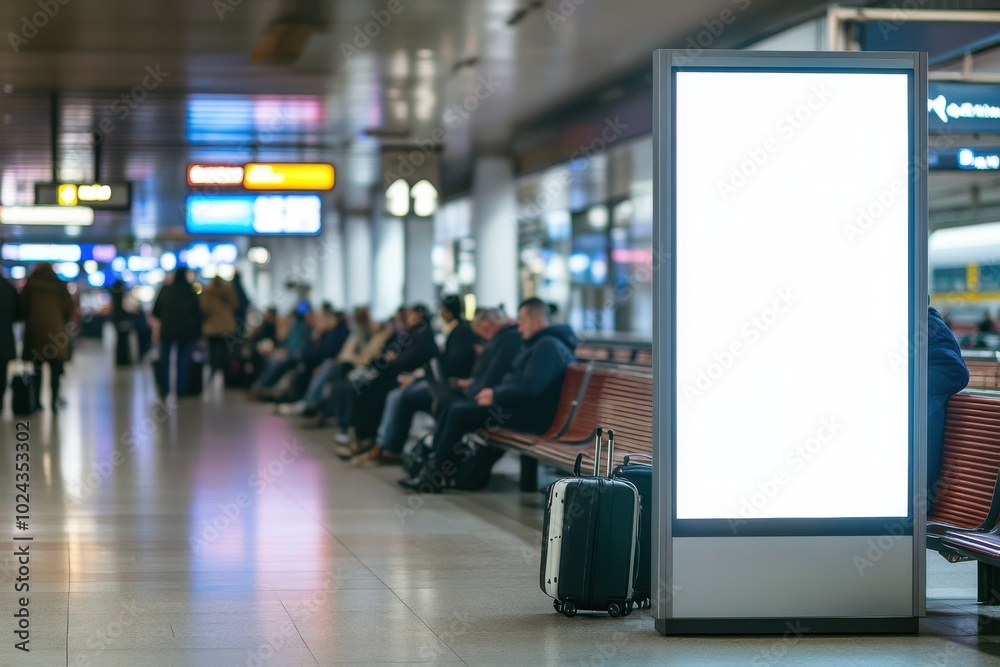 Blank digital billboard in a train station with waiting passengers Blank digital billboard in a train station with waiting passengers