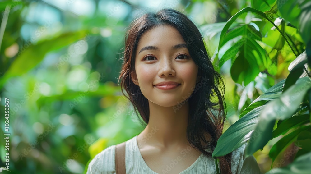 Serene Asian Woman Embracing Nature in a Lush Botanical Garden Serene Asian Woman Embracing Nature in a Lush Botanical Garden
