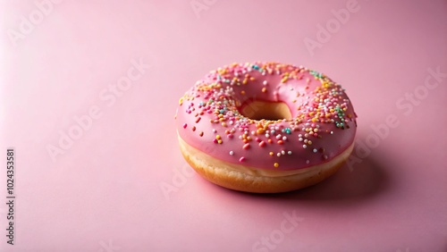 Sweet and colorful pink frosted donut with sprinkles on a pink background