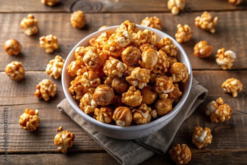 Sweet and crunchy caramel popcorn in a bowl and spilled on a plate