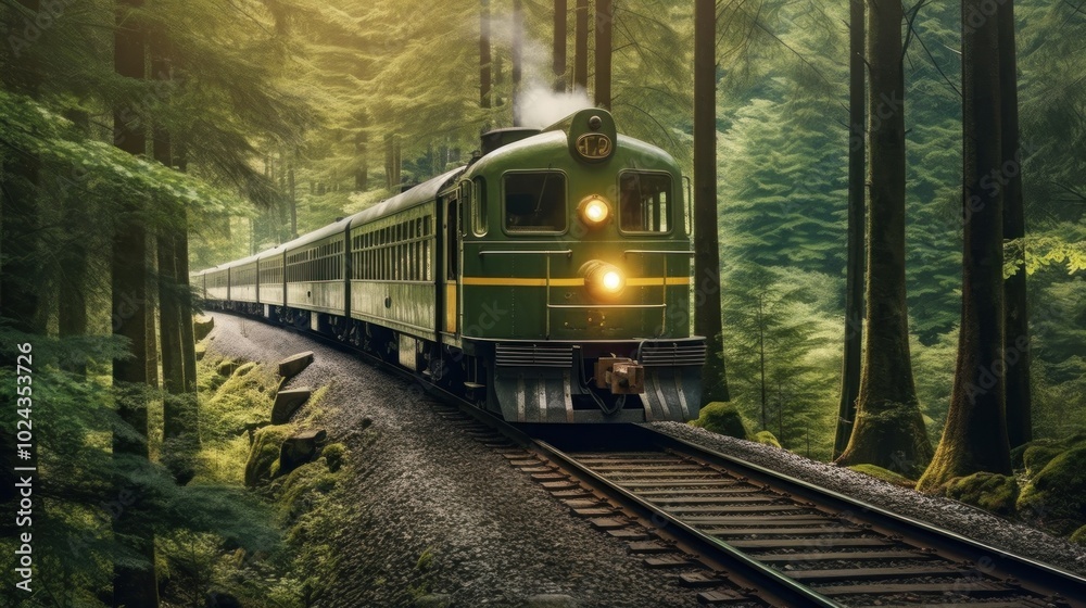 Fototapeta premium Train Journey Through a Lush Forest