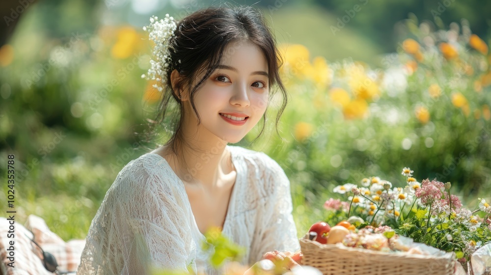Serene Asian Woman Enjoying a Picnic Amid Lush City Park Greenery and Flowers Serene Asian Woman Enjoying a Picnic Amid Lush City Park Greenery and Flowers