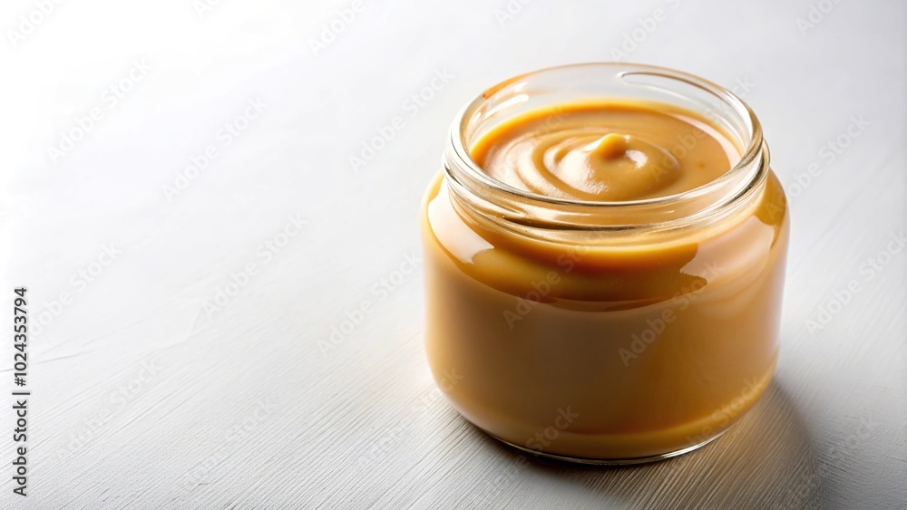 Sweet caramelized condensed milk in jar on white background Sweet caramelized condensed milk in jar on white background