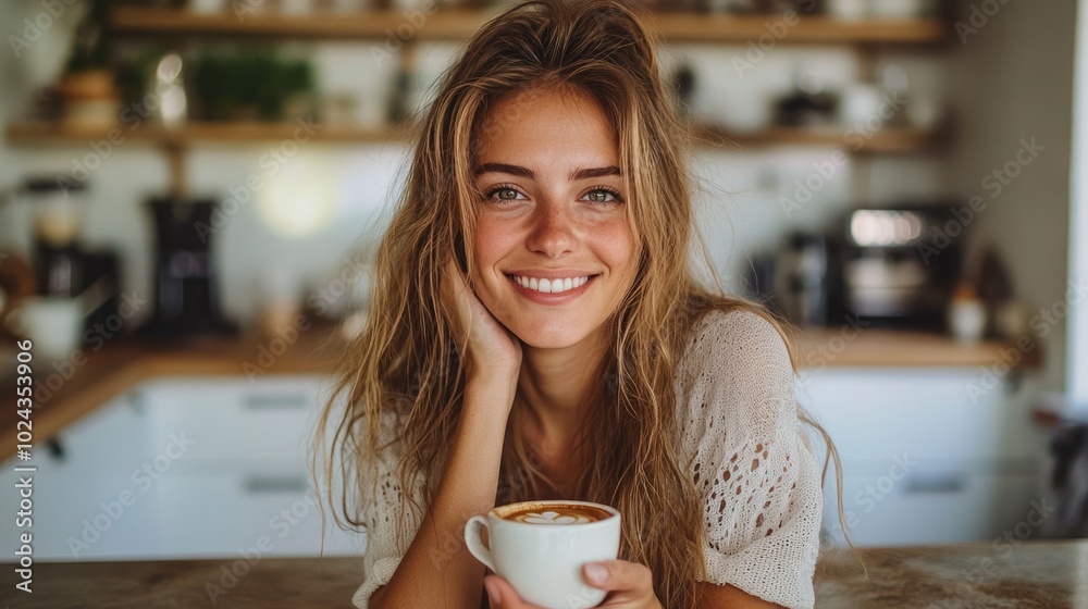 Serene European Woman in Contemporary Kitchen Enjoying Coffee Serene European Woman in Contemporary Kitchen Enjoying Coffee