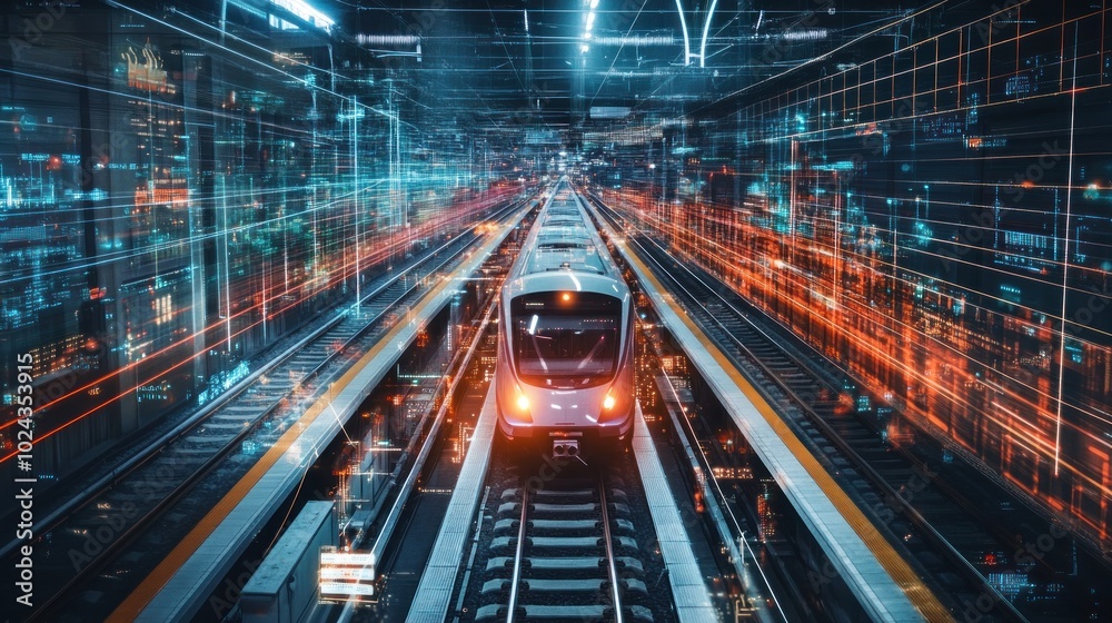Futuristic Train in a Cityscape of Digital Lines