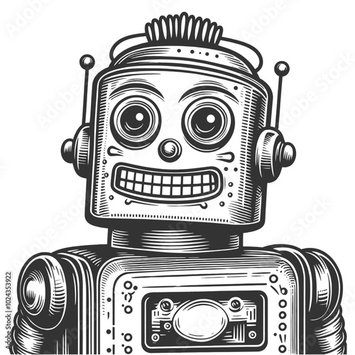 smiling vintage robot with large eyes, drawn in a classic engraving style sketch engraving generative ai vector illustration. Scratch board imitation. Black and white image.