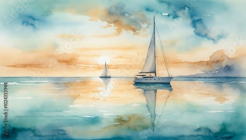 Serene watercolor painting of sailboats on calm waters during a beautiful sunset