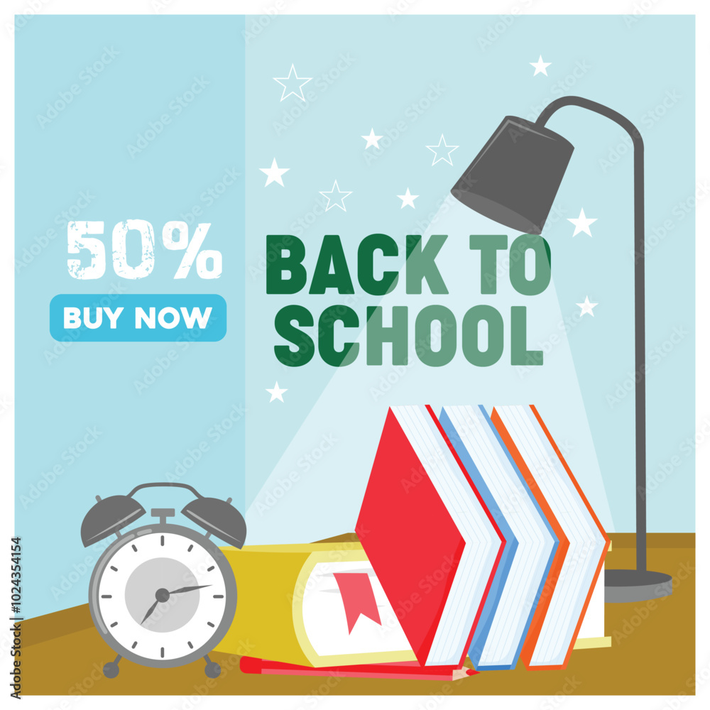 Naklejka premium School equipment, alarm clock, and study lamp on the table. Bright color background. Back to School concept. Flat vector illustration.