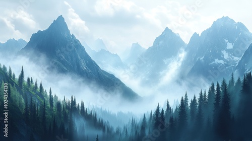 Serene mountain landscape with mist and lush forests, evoking tranquility and nature's beauty.